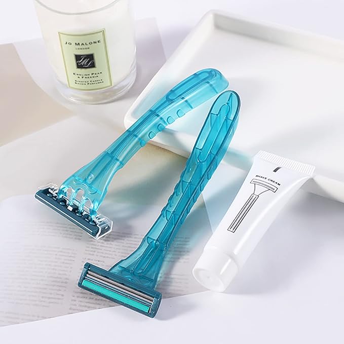 100 Pack Disposable Razors Individually Wrapped Razors Bulk Twin Stainless Steel Blade Razors for Hotel Travel Airbnb Homeless (Blue)