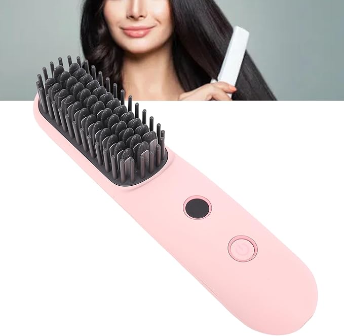 Negative Ionic Hair Straightener Portable Brush Cordless Hair Straightening Comb 2 in 1 Curler with 6400mAh Battery 3 Temp Settings 160C180C200C for Travel &amp Home(Pink)