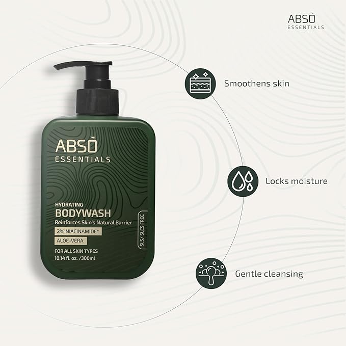 ABSO_ESSENTIALS 2% Niacinamide Hydrating Bodywash With Aloe Vera for Daily Gentle Cleansing Enriched Moisturizing and Reinforcing Skin Barrier| SLS &amp Paraben Free Dermatologically Tested (300 ML)