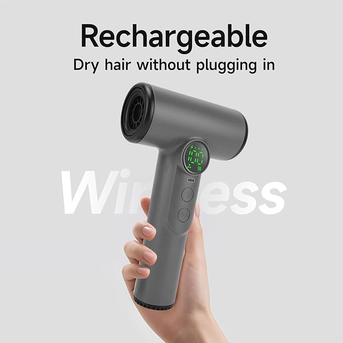 fosa Cordless Hair Dryer Rechargeable Battery Operated Blow Dryer 100 Heat &amp Speed Settings 30000 RPM with Digital Screen &amp Memory Function for Travel Students Dormitory (Dark Gray)