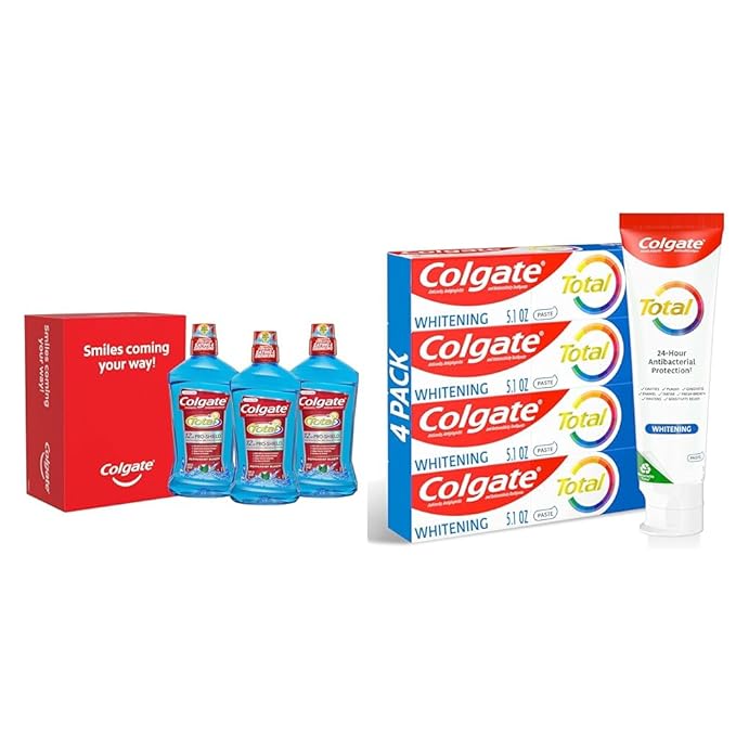 Colgate Total Mouthwash Alcohol Free Mouthwash Peppermint 33.8 Ounce 3 Pack &amp Total Whitening Toothpaste 10 Benefits No Trade-Offs Freshens Breath Whitens Teeth
