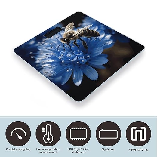 Blue Flower Bee Bathroom Scale for Body Weight Bathroom Weighing Scale with Backlit LCD Display Highly Accurate Measures Weight Up to 180kg