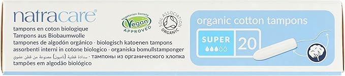 Natracare Non-Applicator 100% Organic Cotton Tampons Super Totally Chlorine Free Biodegradable and Compostable (12 Pack 240 Tampons Total)
