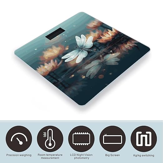 Dragonfly with Water Lily Bathroom Scale for Body Weight Bathroom Digital Electronic Weighing Scale with Back Lit LED Display Sturdy Tempered Glass Weight Watchers Scales 400lb