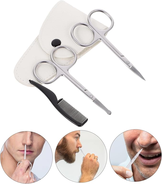 12pcs Beard Scissors Set Stainless Grooming Kit for Men Includes Pointed Round Scissors White Leather Case Small Comb for Beard Trimming Nose Hair Grooming