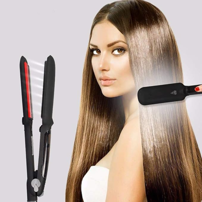 Professional Steam Infrared Hair Straightener Flat Iron with 2 inch Wide Tourmaline Ceramic Plate Fast Vapor Instant Heat Up with Adjustable Temperature Dual Voltage (Black)