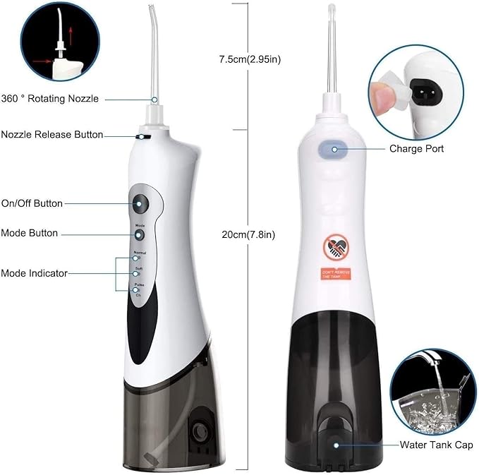 Water Flosser ML Cordless Dental Oral Irrigator 3 Modes and 4 Jet Tips IPX7 Waterproof with Travel Bag Rechargeable Waterproof Teeth Cleaner for Home and Travel