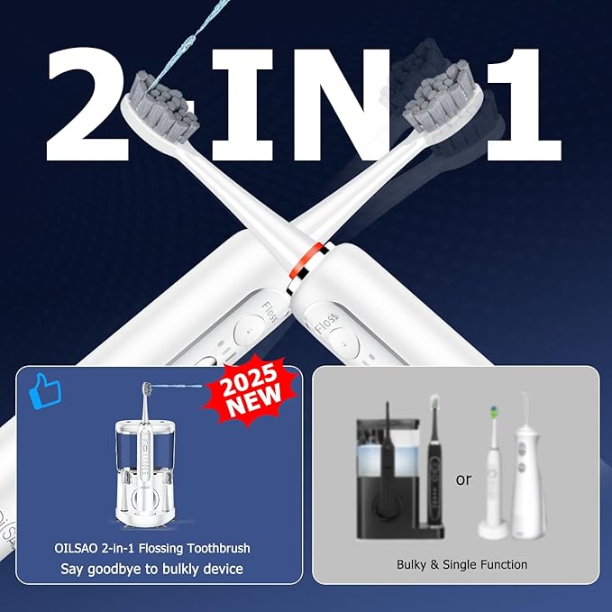 Electric Toothbrush with Water Flosser Combo in One Professional Flossing Toothbrush for Teeth Cleaning and Flossing Plaque Removal Rechargeable5 Brush Modes &amp 3 Flossing Speeds500MLWhite