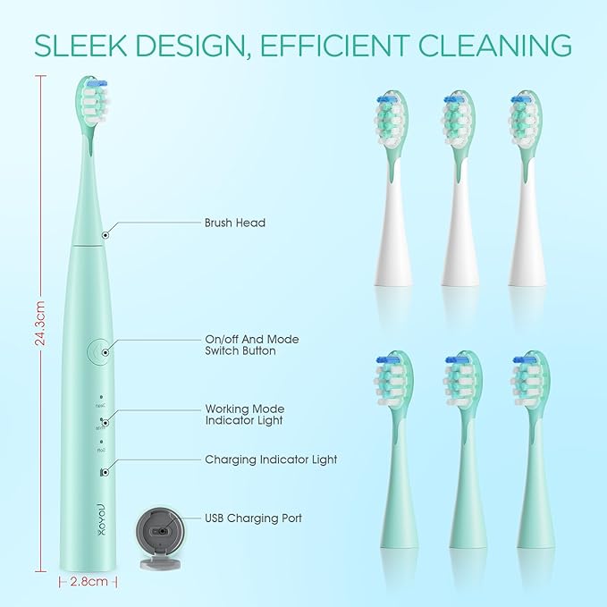 VOYOR-HEALTH Sonic Electric Toothbrush for AdultsTooth Brushes with 6 Brush Heads70-Day Battery LifeIPX7 Waterproof Rechargeable Travel Toothbrushes with 3 Modes for Family Use ET110（Green）