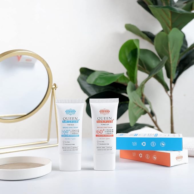 QUEEN AM GLOW | TINTED SunScreen SPF 60 PA+++Primer-Face Moisturizer- Vitamin B3 B5 E- Non-Greasy Silky Touch-oil free fragrance free by QUEEN NATURAL NEW YORK (Pack of 2)