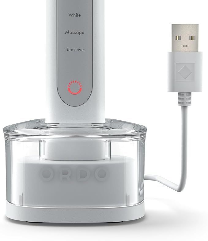 ORDO Sonic+ Electric Toothbrush with Case Sonic Toothbrushes for Adults Charging Travel Case 4 Brushing Modes Fast Rechargeable Battery Silicone Polishing USB Charger White