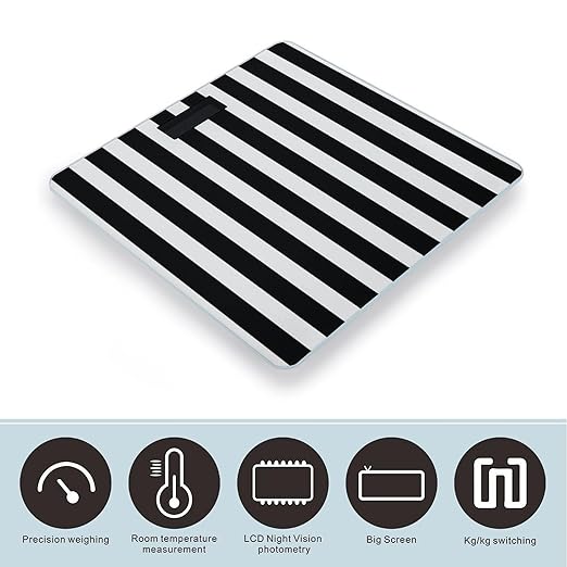 Black &amp White Stripe Scale for Body Weight Safe Rounded Corners Tempered Glass Digital Bathroom Scale LED Display 400lb Capacity Weight Scales with High Precision Sensors