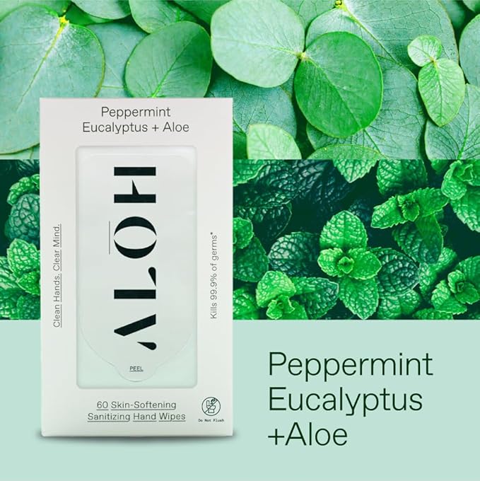 ALŌH Peppermint Eucalyptus Sanitizing Hand Wipes - Clean Hands Clear Mind On The Go Sanitizer for Kids and Adults - Travel Size 6 packs of 20ct Wipe (120 Wipes)