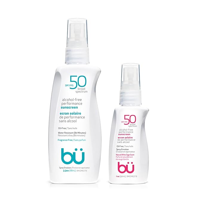 BU SPF 50 Sunscreen Spray for Face and Body 2-Pack with 3.3 oz Fragrance Free and 1 oz White Sage Clear Non Greasy Water Resistant