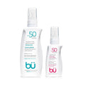 BU SPF 50 Sunscreen Spray for Face and Body 2-Pack with 3.3 oz Fragrance Free and 1 oz White Sage Clear Non Greasy Water Resistant