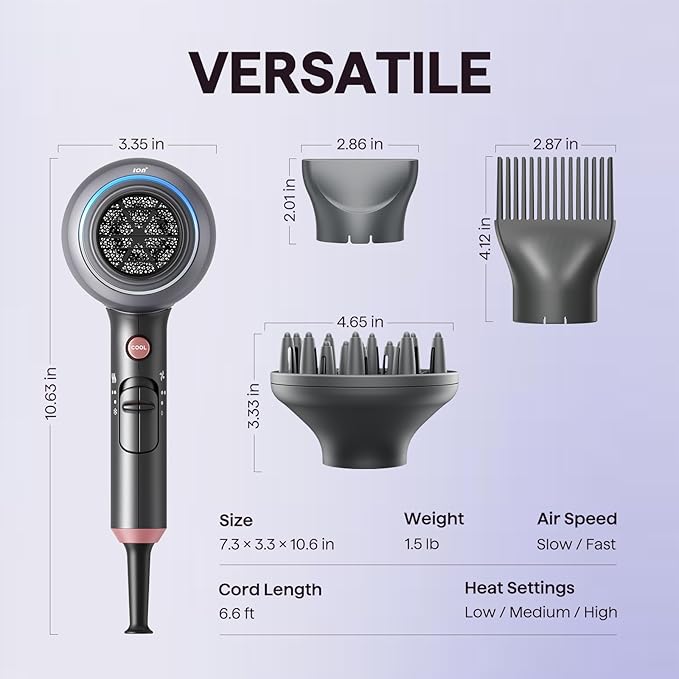 Wavytalk Blow Dryer Blown Away Ionic Hair Dryer for Curly Hair with Diffuser 1875W Fast Drying Blow Dryer with Ceramic Technology 3 Attachments for All Hair Types Light and Quiet Grey