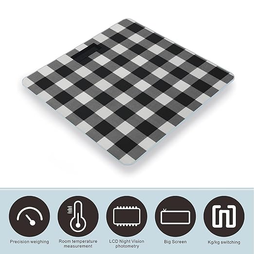 Black and White Plaid Scale for Body Weight Anti-Slip Tempered Glass Digital Bathroom Scales Clear LCD Display Weighing Scale Safe Rounded Corners Smart Scales