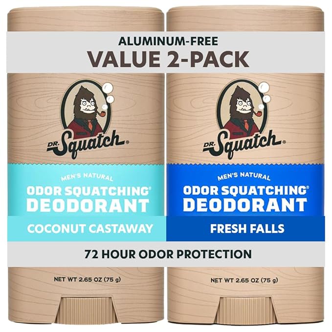 Dr. Squatch Natural Men’s Deodorant – Aluminum Free Natural Deodorant Men with Charcoal &amp Postbiotics for 72-Hour Odor Protection – Coconut Castaway + Fresh Falls 2.65oz Stick (2-Pack)