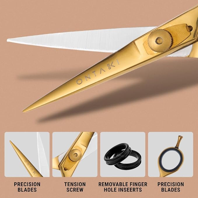 Ontaki Beard &amp Mustache Scissors for Men - 5.5 Japanese Steel Gold Brass - Sharp Blades Ergonomic Finger Rest &amp Adjustable Tension Screw for Perfect Hair Trimming - Beard Scissors