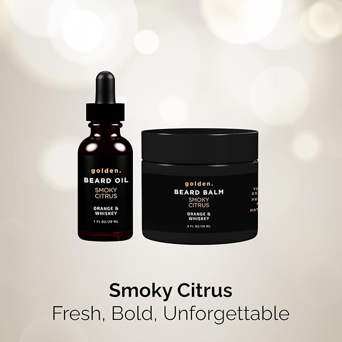 Golden Grooming Beard Bundle for Black Men | Natural Beard Growth Kit with Shea Butter (Regular Smoky Citrus)