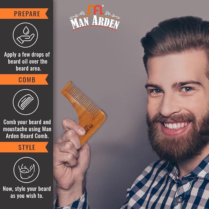 Man Arden Neem Wooden L Shaped Beard Comb with Rich Leather Pouch
