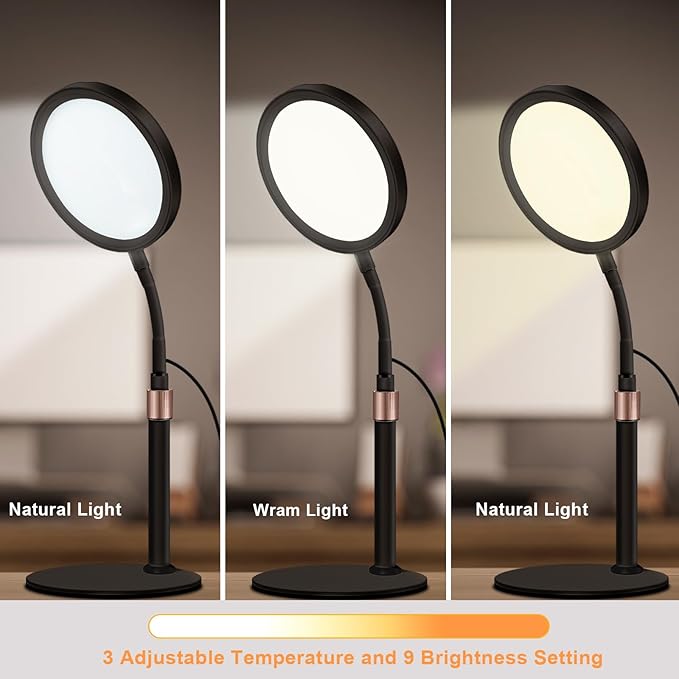Light Therapy Lamp UV-Free 10000 Lux Sun Therapy Light with 360° Gooseneck &amp 9 Brightness Happy Therapy Desk Lamp for Lift Mood (Black)