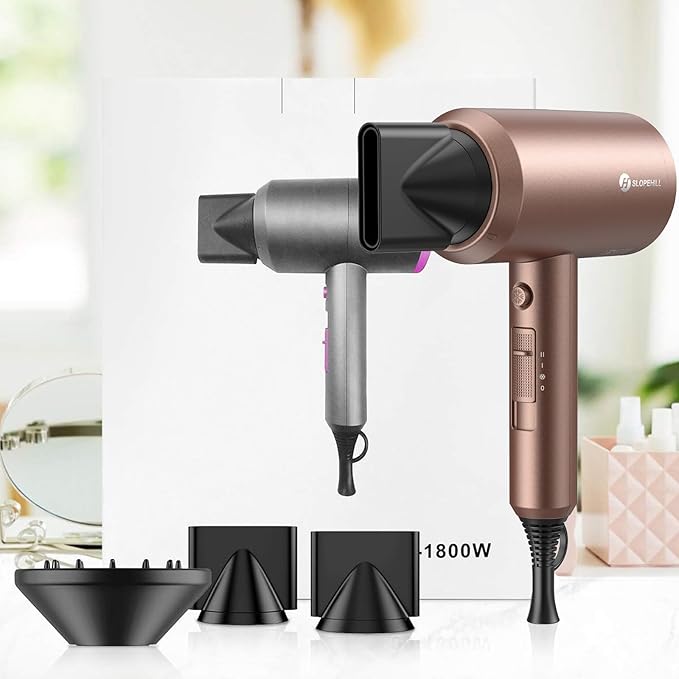 slopehill Professional Ionic Hair Dryer Powerful 1800W Fast Drying Low Noise Blow Dryer with 2 Concentrator Nozzle 1 Diffuser Attachments for Home Salon Travel (Mocha Mousse)