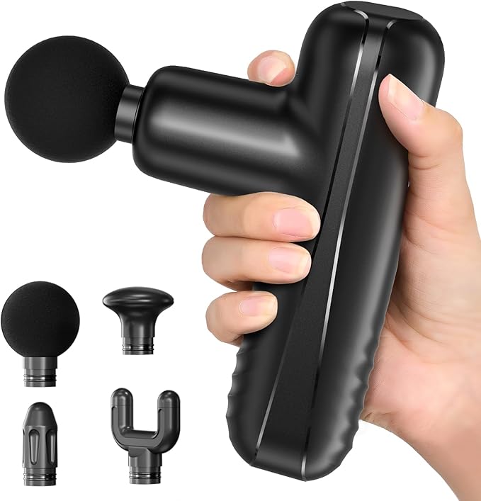 Mini Massage Gun Powerful Handheld Muscle Massager for Muscle Relaxation Deep Tissue Percussion Small Massage Gun Travel Massager with 4 Massage Heads Silent Brushless Motor Black