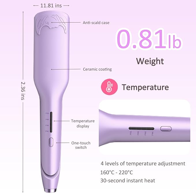 32mm (1.25) Wave Curling Iron 2 Barrel Ionic Deep Waver Hair Tool with 4 Temperature Settings Fast Heating Anti-Scald Hair Crimper for All Hair Types (Purple)