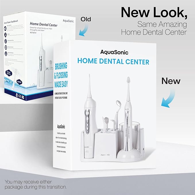 AquaSonic Home Dental Center Rechargeable Power Toothbrush &amp Smart Water Flosser - Complete Family Oral Care System - 10 Attachments and Tips Included - Various Modes &amp Timers (White)