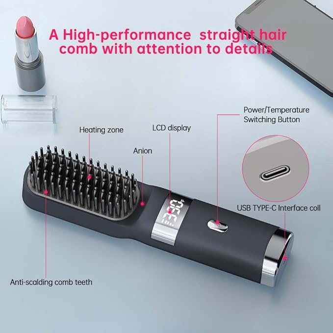 Cordless Hair Straightener Brush Portable on The go Comb for Travel USB chargingTwo Power sources30s Fast HeatingLCD Large Screen Display (Black) 1010