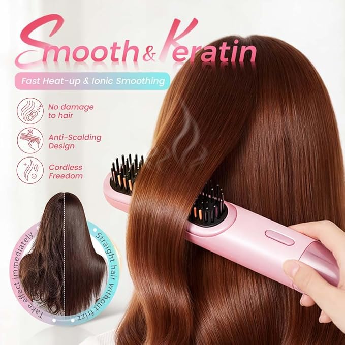 Brush Pro 2026 Hair Straightener Brush Cordless Hair Straightener for Short or Long Hair Portable Hair Comb for Travel 4 Temps 300 Million Negative Ionic (Black)