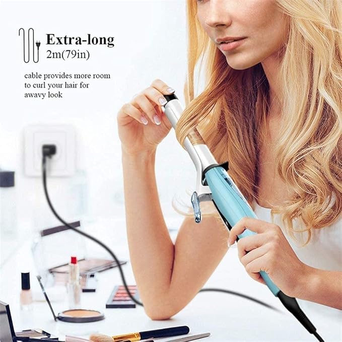Portable Curling Bar 150-220℃ Curling Iron Adjustable for 60 Minutes Automatically Closing Curling Iron with Insulating Gloves-Blue for Hair Styling (Blue One Size)