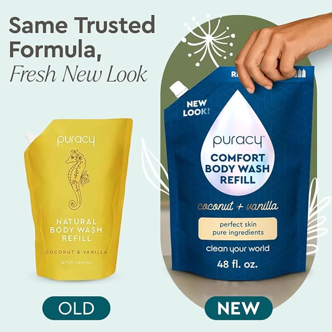 Puracy Body Wash Natural Body Wash 98.6% Pure Plant Ingredients Moisturizing Shower Gel for Women Men Kids Body Soap for Dry Sensitive Skin. Coconut &amp Vanilla 48 Oz Pack of 2 and12 Oz