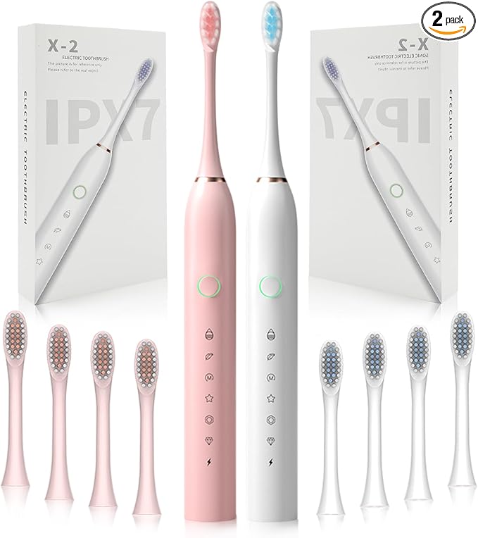 SENWEN 2 Pack Rechargeable Electric Toothbrush with 8 Brush Heads 6 Cleaning Modes Waterproof 2 Minute Timer White&ampPink