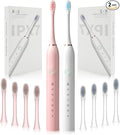 SENWEN 2 Pack Rechargeable Electric Toothbrush with 8 Brush Heads 6 Cleaning Modes Waterproof 2 Minute Timer White&ampPink