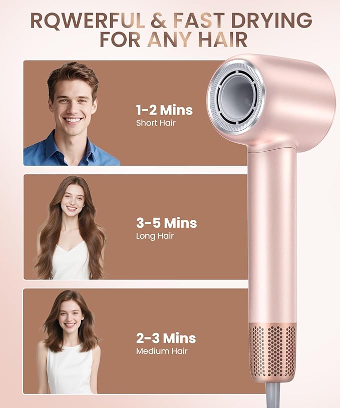 Hair Dryer Professional 140000 RPM High-Speed Brushless Motor Negative Ionic Low Noise Blow Dryer for Fast Drying Thermo-Control Quiet with Magnetic Nozzle for Home Travel Salon UsePink
