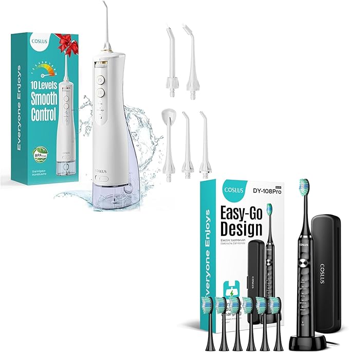 COSLUS Water Dental Flosser Tooth Pick: 10 Levels Smooth Control Portable Wireless Electric Toothbrush for Adults and Kids Rechargeable White and Black