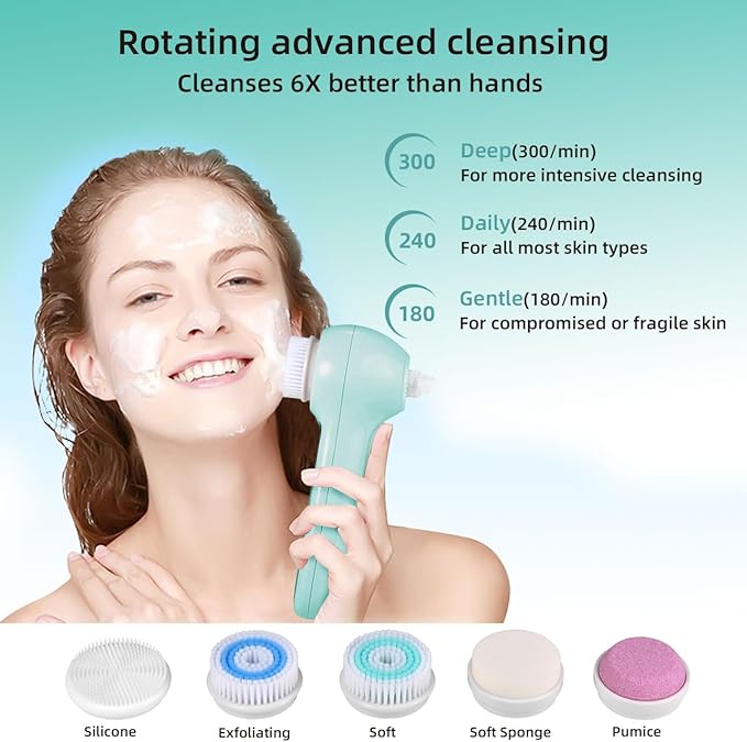 Face Scrubber ExfoliatorFacial Cleansing Brush Waterproof with LCD ScreenBlackhead Remover Vacuum with 5 Brush HeadsFace Spin Brush for Exfoliating Massaging and Deep Pore Cleansing