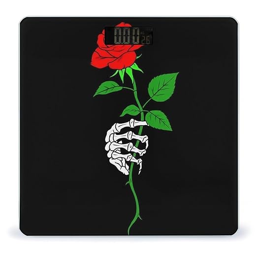 Energy Saving Scale Bathroom Weighing Scale Smart Scale for Body Weight Digital Black Goth Skull Skeleton Hand Holding Red Rose