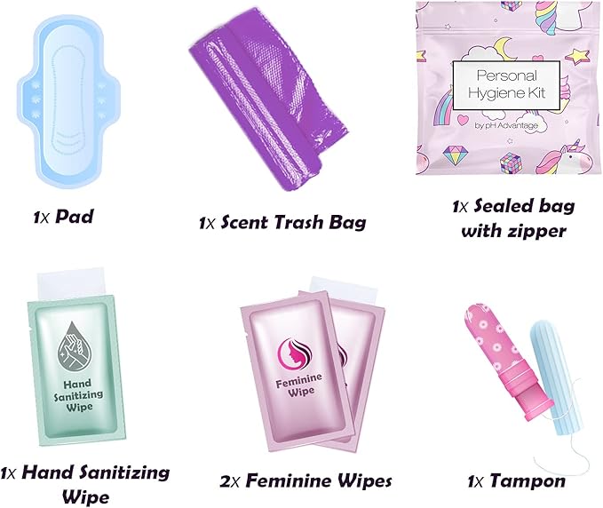 Menstrual Kit All-in-One 10 Pack | Convenience on The Go | Period Kit Pack for Travelling Tweens &amp Teenager | Individually Wrapped Feminine Hygiene Product (Rainbows and Unicorns)