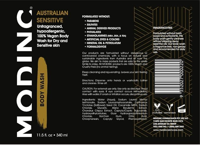 Modinc Luxury Body Wash Australian Sensitive Formula Unfragranced Hypoallergenic 100% Vegan Body Wash for Dry and Sensitive Skin Cruelty Free Pump 11.5 Ounces