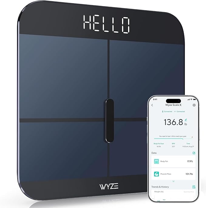 Wyze Smart Scale X - Digital Bathroom Scale for Body Weight BMI Body Fat Muscle Mass Heart Rate Monitor | Sync with Health Apps | Body Composition Analyzer for People Baby &amp Pet 400 lbs (Nav