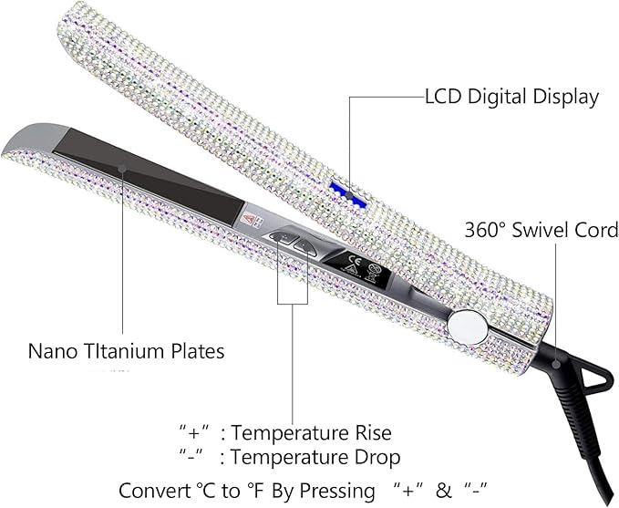 Hair Straightener Titanium Flat Iron with Gorgeous Rhinestone Bling Crystal Diamond 2 in 1 Hair Straightener and Curler 60 Min Auto Shut Off LCD Temp Display Valentine's Day Gift (White)