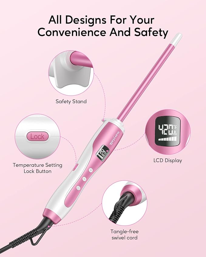 Wavytalk 3/8 Inch Small Curling Wand Wand Curling Iron for Short &amp Long Hair Ceramic Barrel with Adjustable Temperature Heat Resistant Glove Included (Rose Pink)