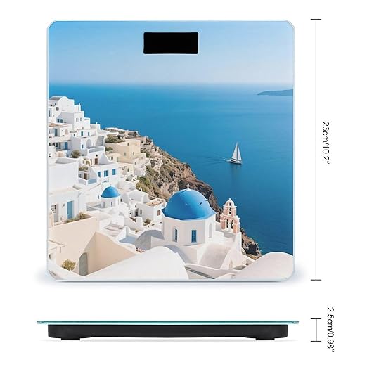 Santorini Greek Island Sea View Scale for Body Weight Sturdy Tempered Glass Weighing Scales with LCD Display Accurate Digital Bathroom Scale Convenient Body Fat Smart Scales Easy Read
