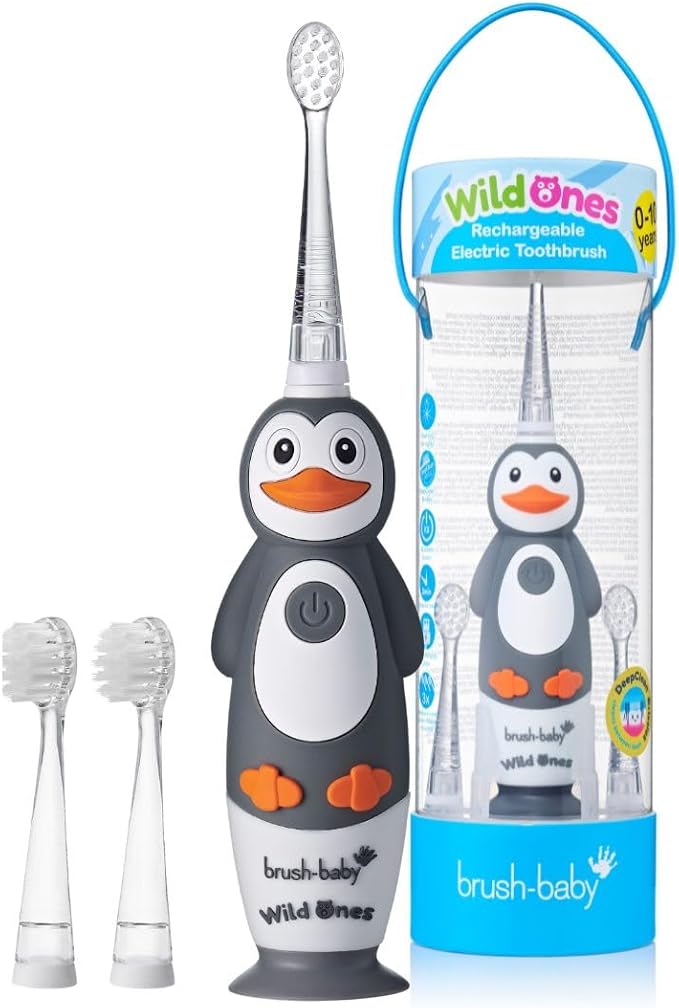 BrushBaby - WildOnes - Kids Rechargeable Electric Toothbrush Ages 0-10 - Penguin Design with Flashing Lights - DeepClean Bristles for Superior Cleaning - 2 Replacement Brush Heads 1 USB Cable