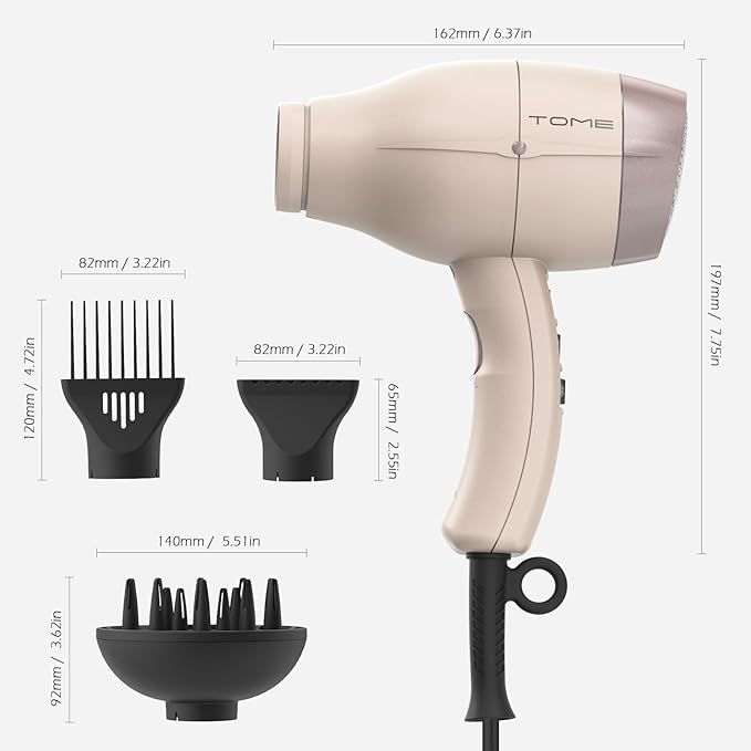 TOME Hair Dryer with Diffuser 1875W Ionic Blow Dryer with Comb Attachment and Concentrator for Home Use Fast Drying with Cool Shot and 2 Heat &amp 2 Speed Settings 125V Pink