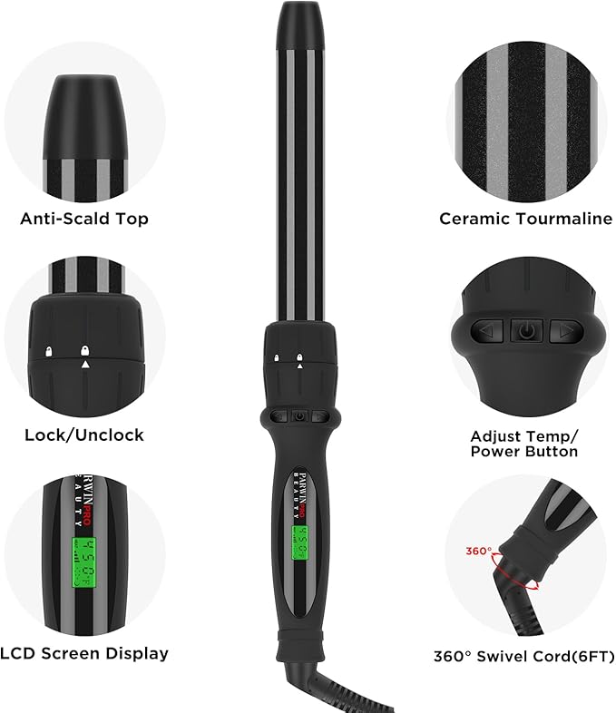 PARWIN PRO BEAUTY 7 in 1 Curling Iron Wand SetDual Voltage Curling Wand with 7 Interchangeable Diamond Ceramic Hair Curler Wands with LCD Temperature Control Auto Shut Off Black