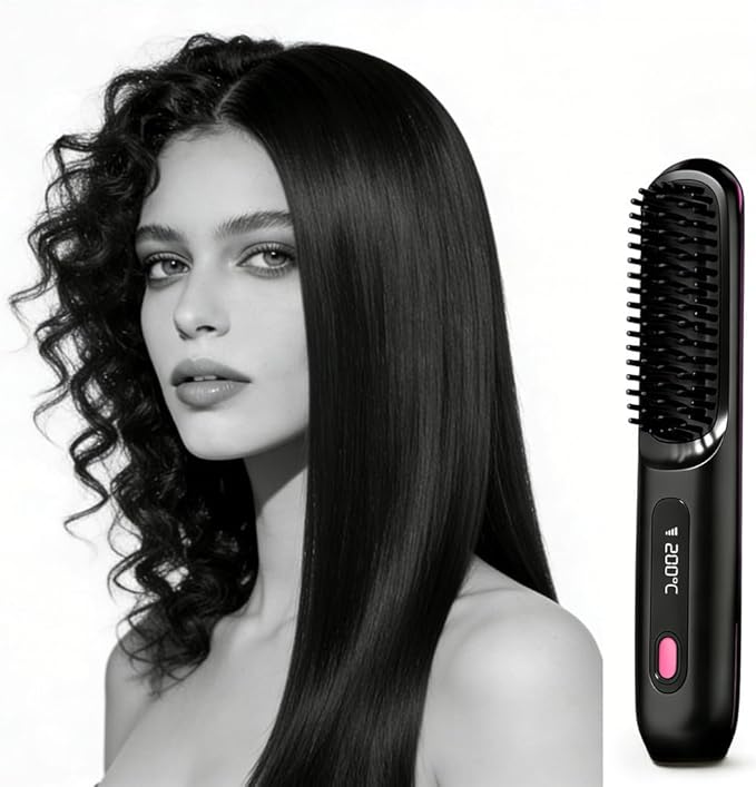 Portable Straightener Brush - go Brush proPortable Mini Hair Straightening with 3 Temperature Settings &amp LED Display USB Rechargeable Fast Heating Hairs for Travel (Light Purple)